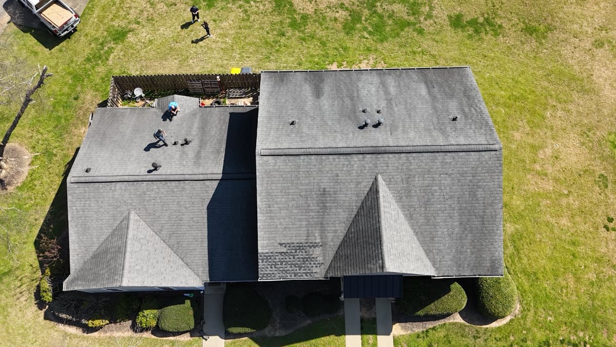 Drone orthomosaic of a Capital City Roofing 27-point inspection in progress at Whispering Woods