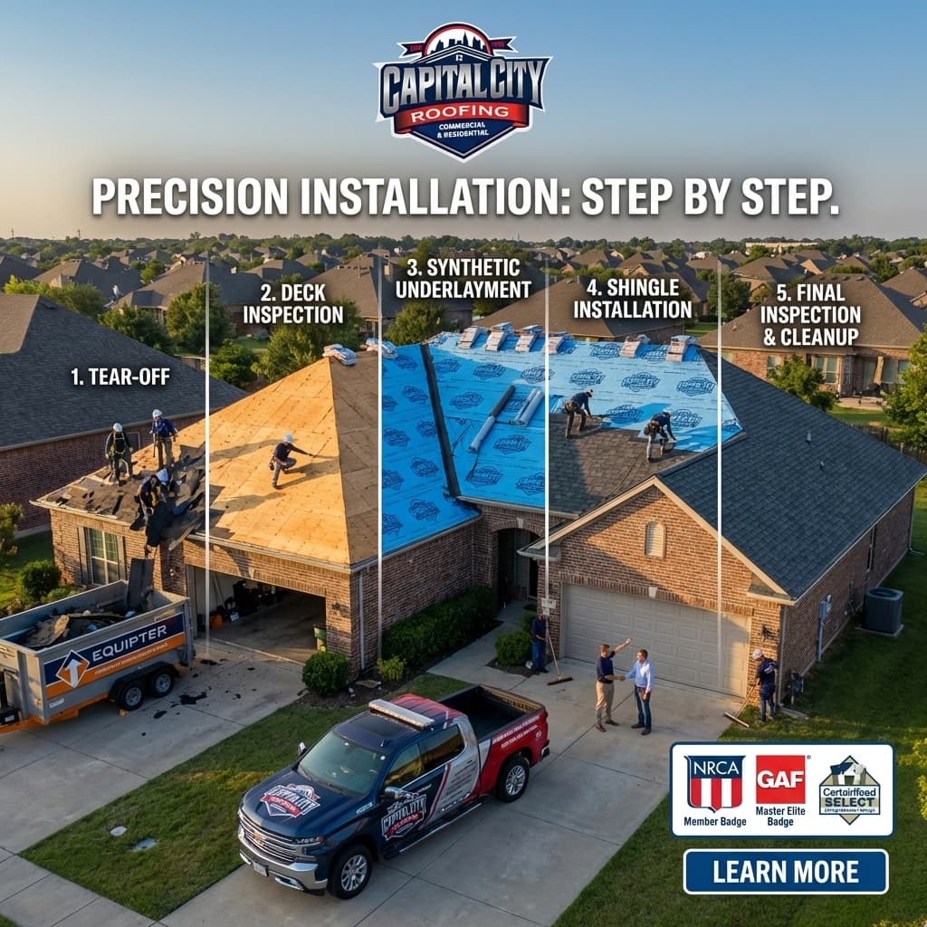 Capital City Roofing 5-step precision installation process: tear-off, deck inspection, synthetic underlayment, shingle installation, final inspection and cleanup