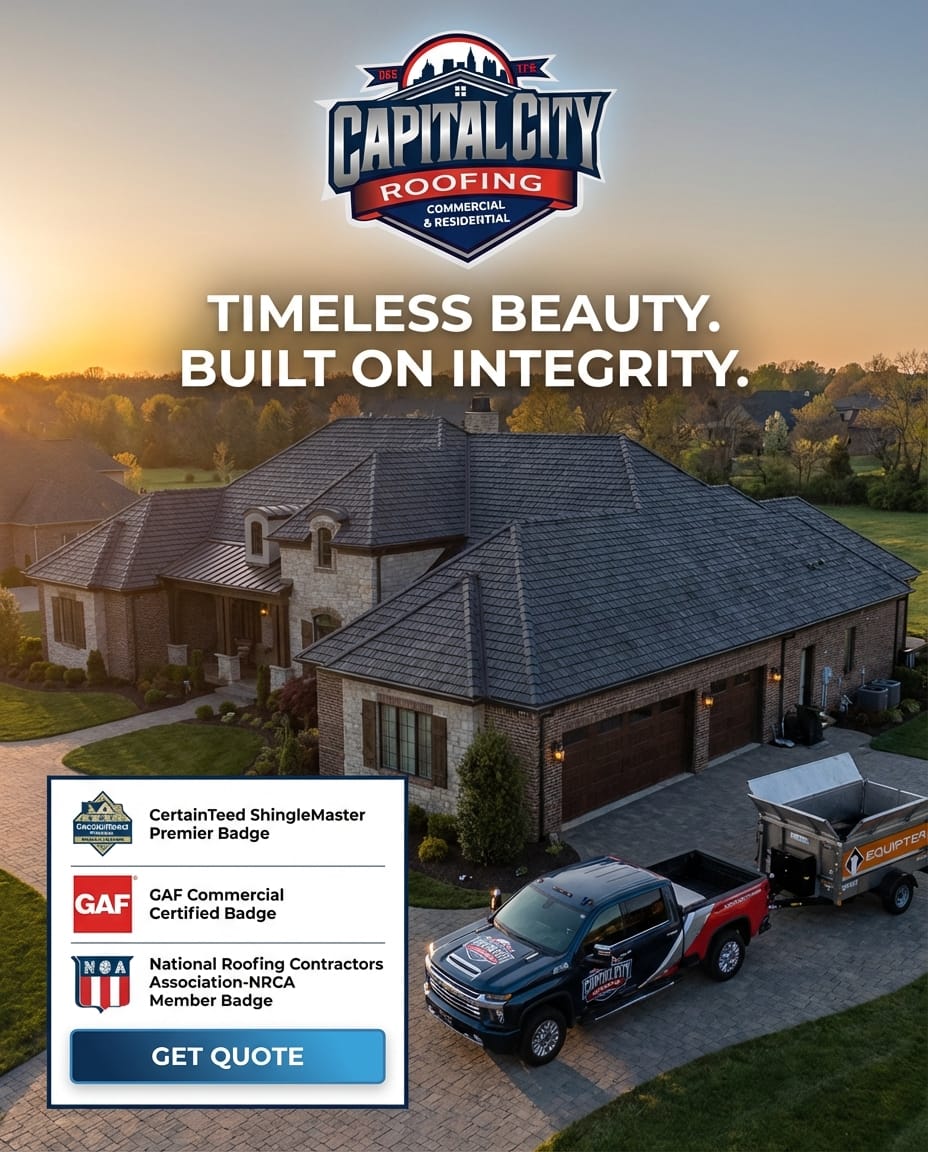 Timeless beauty built on integrity - Capital City Roofing residential roof with certification badges